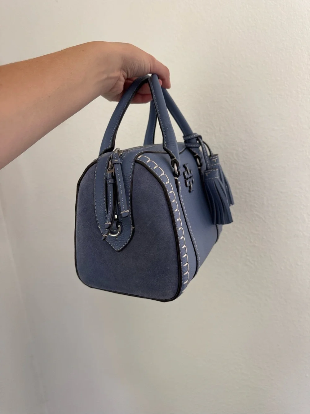 Tory Burch McGraw Small Satchel – Blue Pebbled Leather
